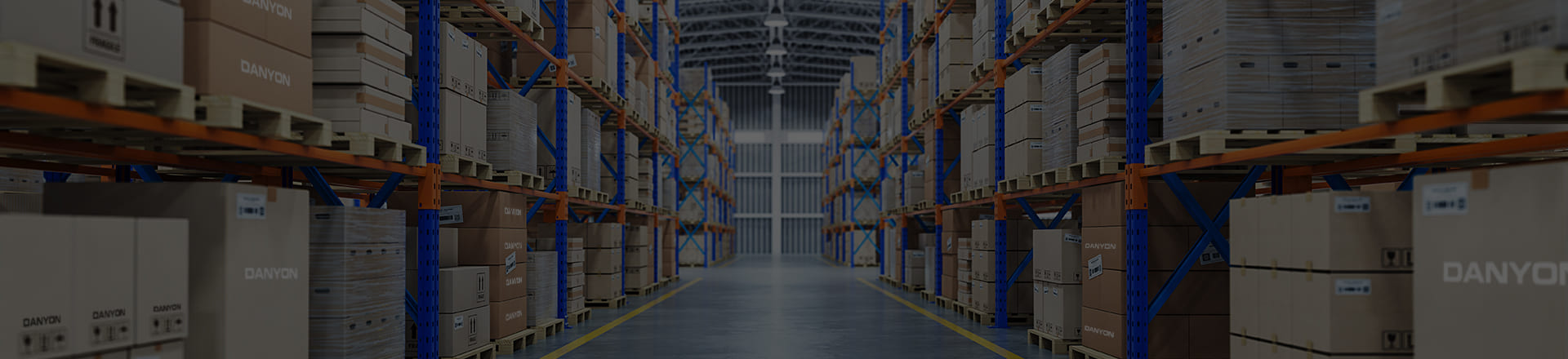 Hohe Lagerregale mit Danyon verpackten Produkten in einem modernen Lager.