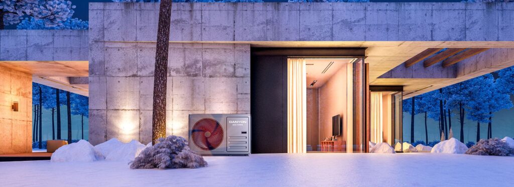 Bilder eines modernen Hauses mit DANYON Wärmepumpe und gemütlichem Innenraum im winterlichen Umfeld.
