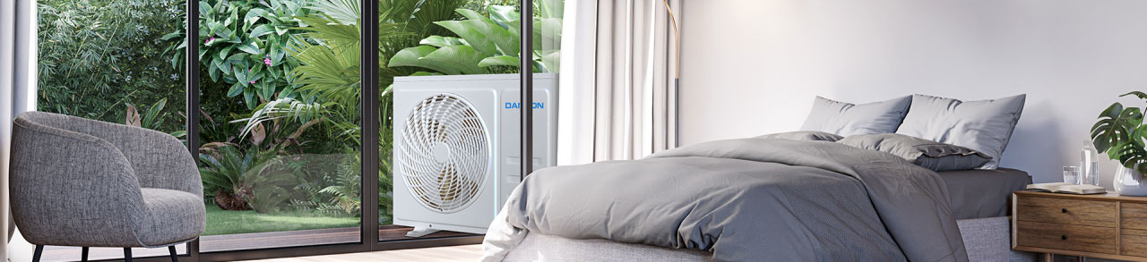 Klimagerät von Danyon im modernen Schlafzimmer, sorgt für angenehme Raumtemperatur und Komfort.