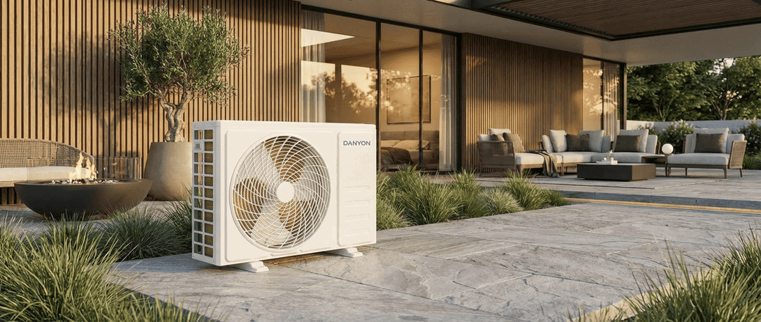 Moderne Danyon Klimaanlage im Gartenbereich für optimale Raumkühlung.